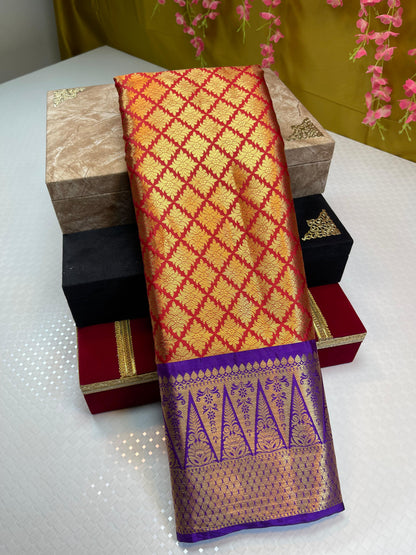 Red Semi Kanchi Silk Brocade Contrast Blue Zari Border Banarasi Saree MS_SK17