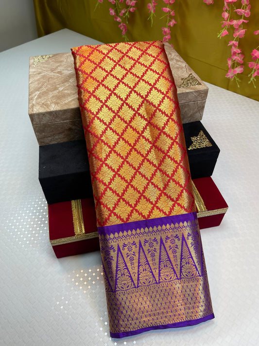 Red Semi Kanchi Silk Brocade Contrast Blue Zari Border Banarasi Saree MS_SK17