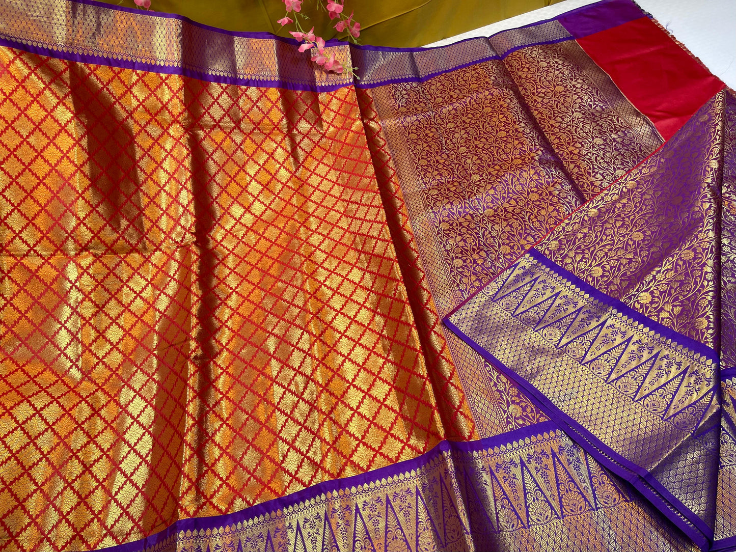 Red Semi Kanchi Silk Brocade Contrast Blue Zari Border Banarasi Saree MS_SK17