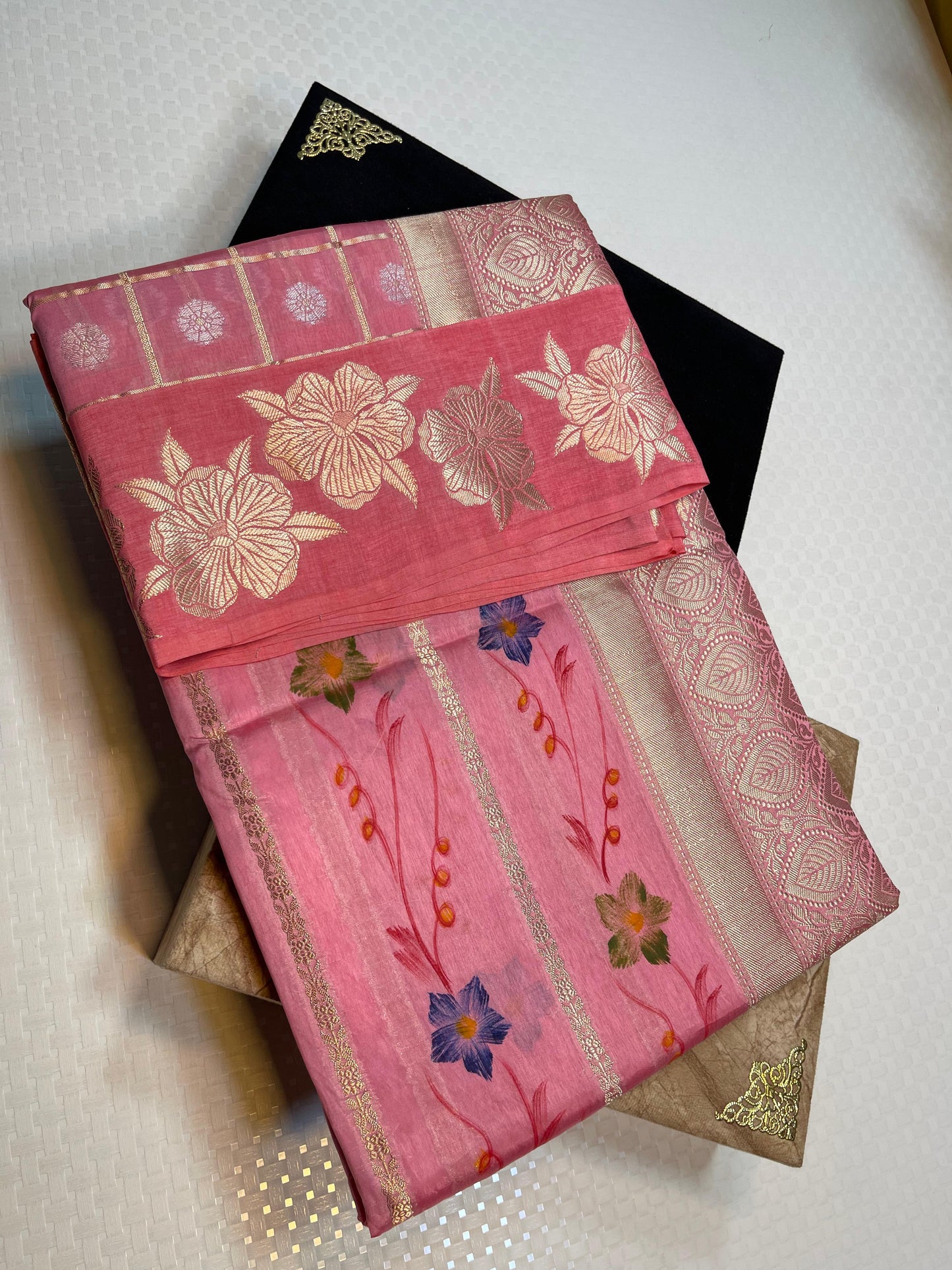 Peach Mango Silk Floral Gharchola Handpainted Zari Border Banarasi Saree  MS_MGS1