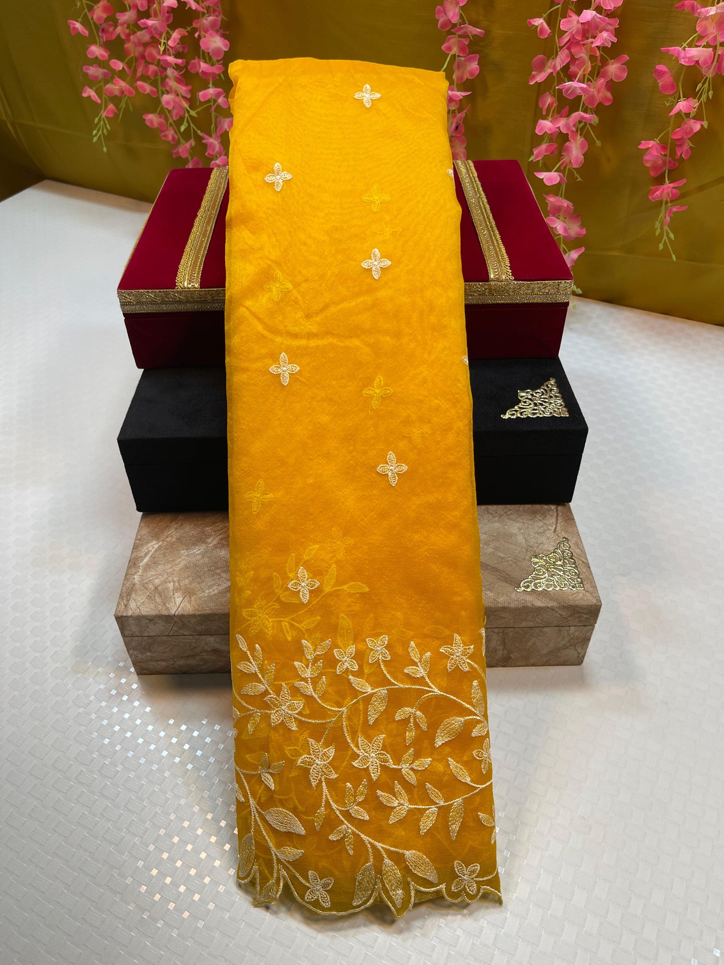 Yellow Organza Silk Floral Resham Booti with Embroidery Border Banarasi Saree MS_OG1