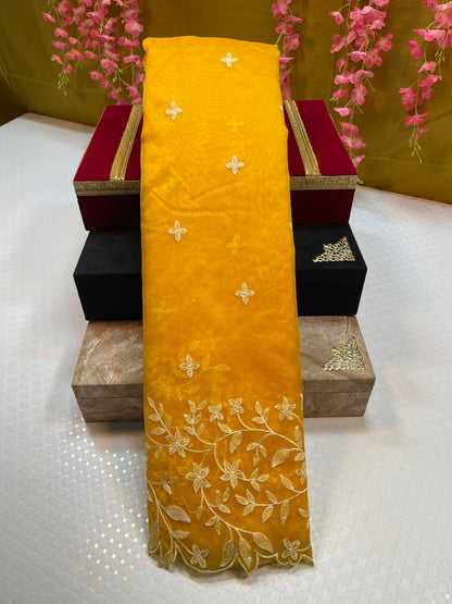 Yellow Organza Silk Floral Resham Booti with Embroidery Border Banarasi Saree MS_OG1