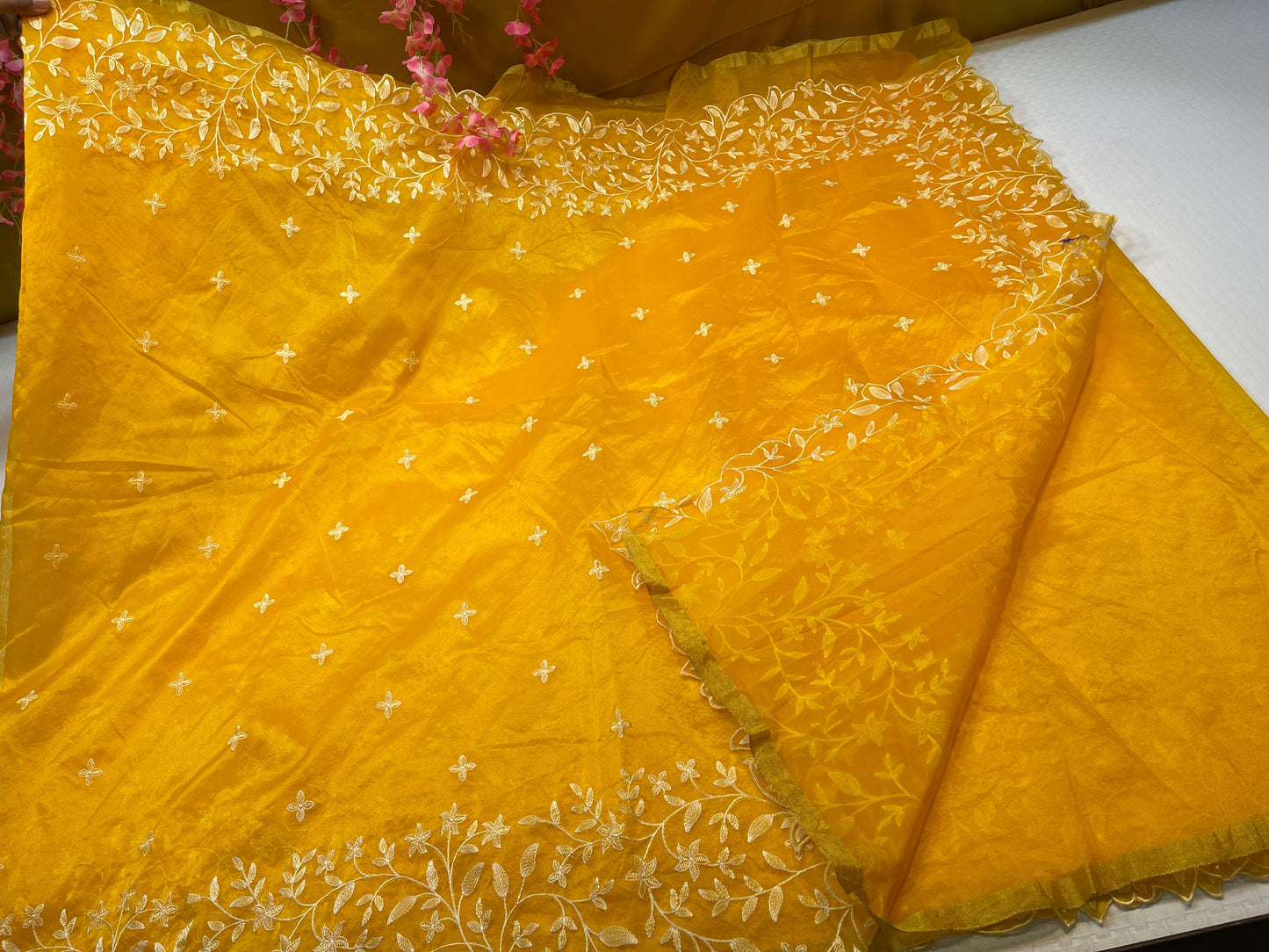 Yellow Organza Silk Floral Resham Booti with Embroidery Border Banarasi Saree MS_OG1