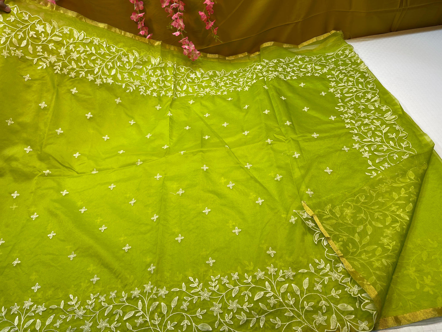 Green Organza Silk Floral Resham Booti with Embroidery Border Banarasi Saree MS_OG2