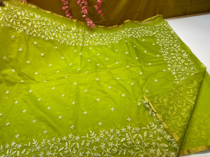 Green Organza Silk Floral Resham Booti with Embroidery Border Banarasi Saree MS_OG2