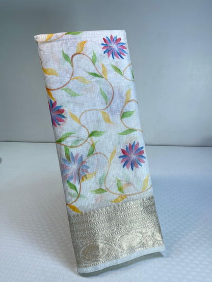 White Kota Silk Handpainted Floral Jaal Banarasi Saree with Stripe Blouse  MS_KT1