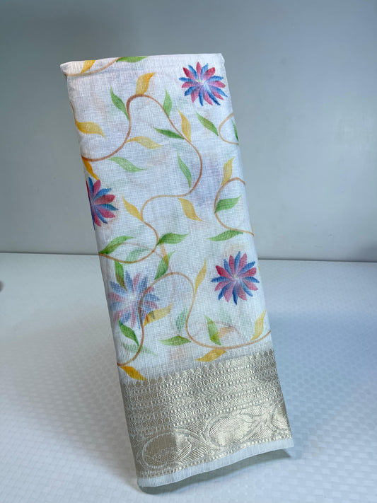 White Kota Silk Handpainted Floral Jaal Banarasi Saree with Stripe Blouse  MS_KT1