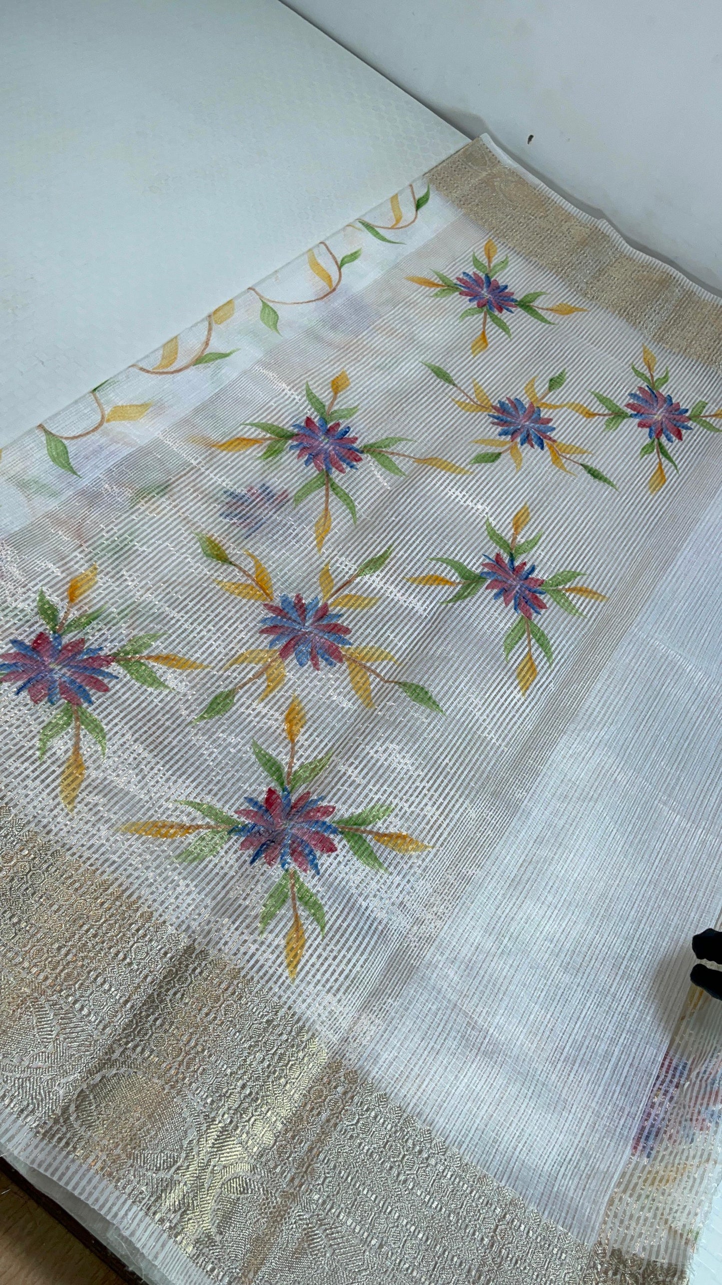 White Kota Silk Handpainted Floral Jaal Banarasi Saree with Stripe Blouse  MS_KT1