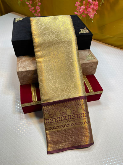 Light Gold Semi Kanchi Silk Contrast Brown Border Banarasi Saree MS_SK18