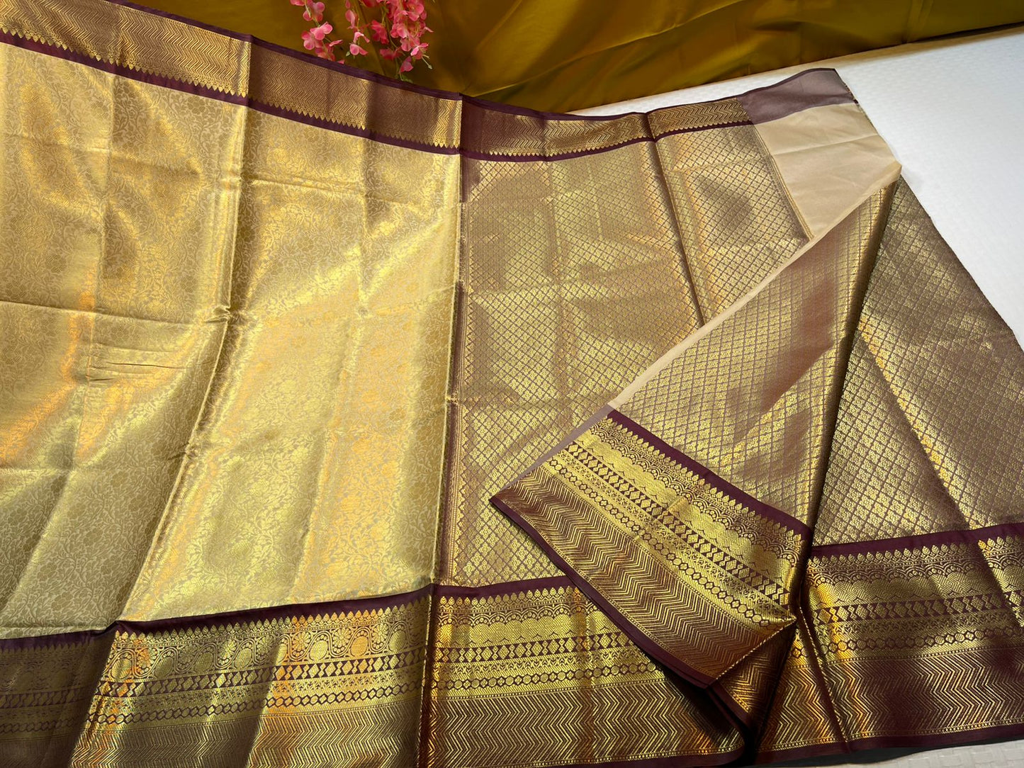 Light Gold Semi Kanchi Silk Contrast Brown Border Banarasi Saree MS_SK18