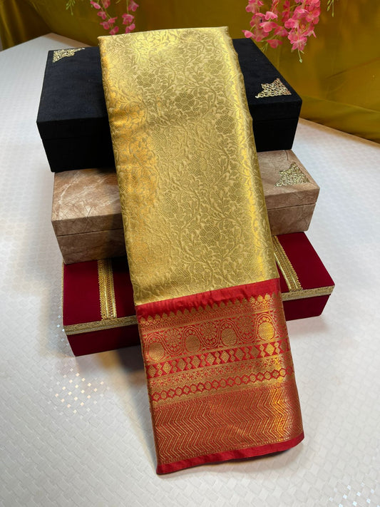 Light Gold Semi Kanchi Silk Contrast Red Border Banarasi Saree MS_SK19