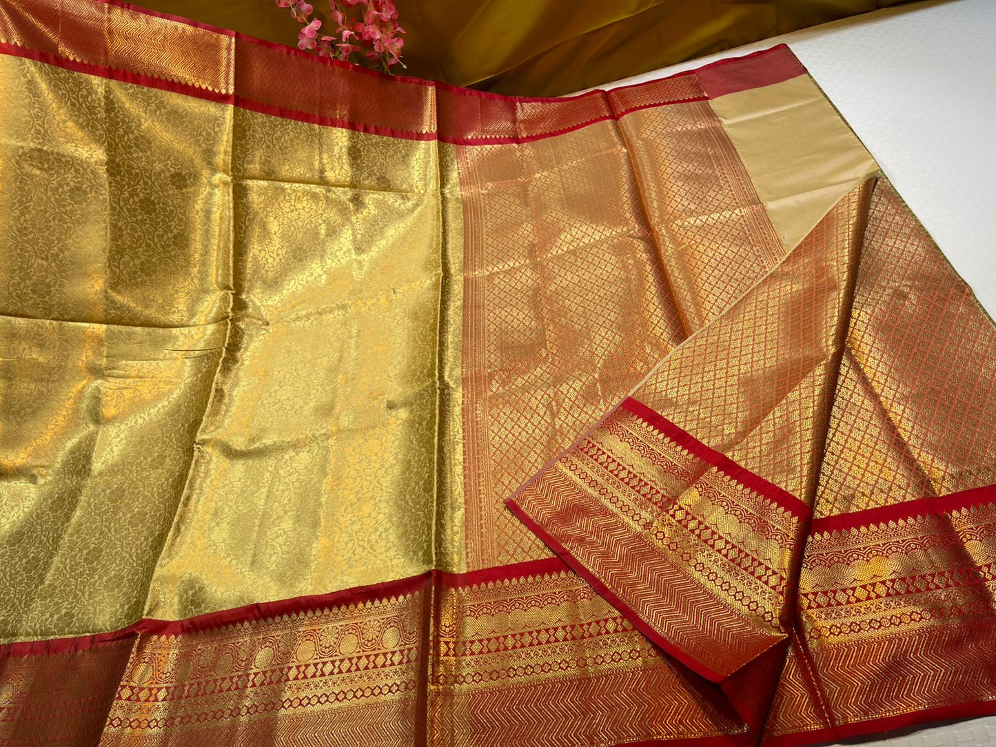 Light Gold Semi Kanchi Silk Contrast Red Border Banarasi Saree MS_SK19