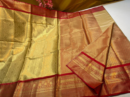 Light Gold Semi Kanchi Silk Contrast Red Border Banarasi Saree MS_SK19