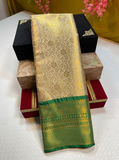 Light Gold Semi Kanchi Silk Contrast Green Border Banarasi Saree MS_SK20