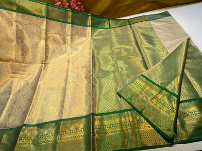 Light Gold Semi Kanchi Silk Contrast Green Border Banarasi Saree MS_SK20