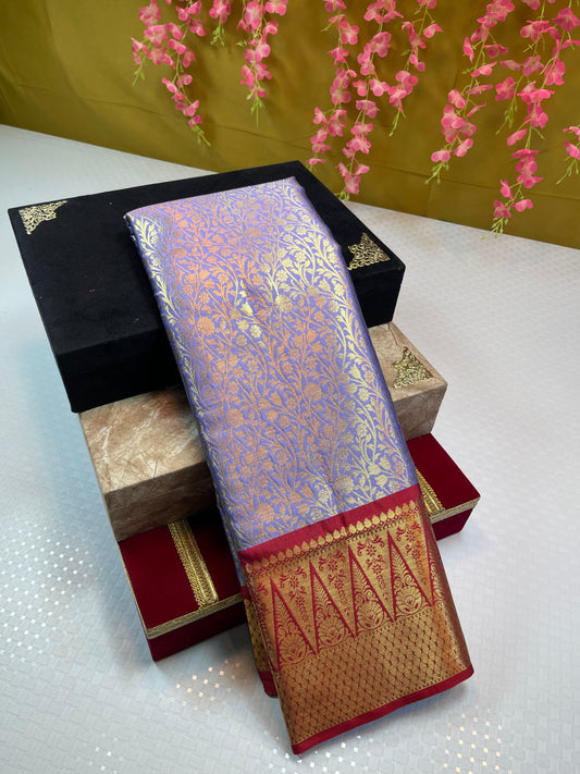 Blue Semi Kanchi Silk Brocade Contrast Red Zig-Zag Border Banarasi Saree MS_SK25