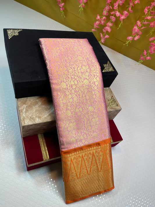 Pink Semi Kanchi Silk Brocade Contrast Orange Zig-Zag Border Banarasi Saree MS_SK24