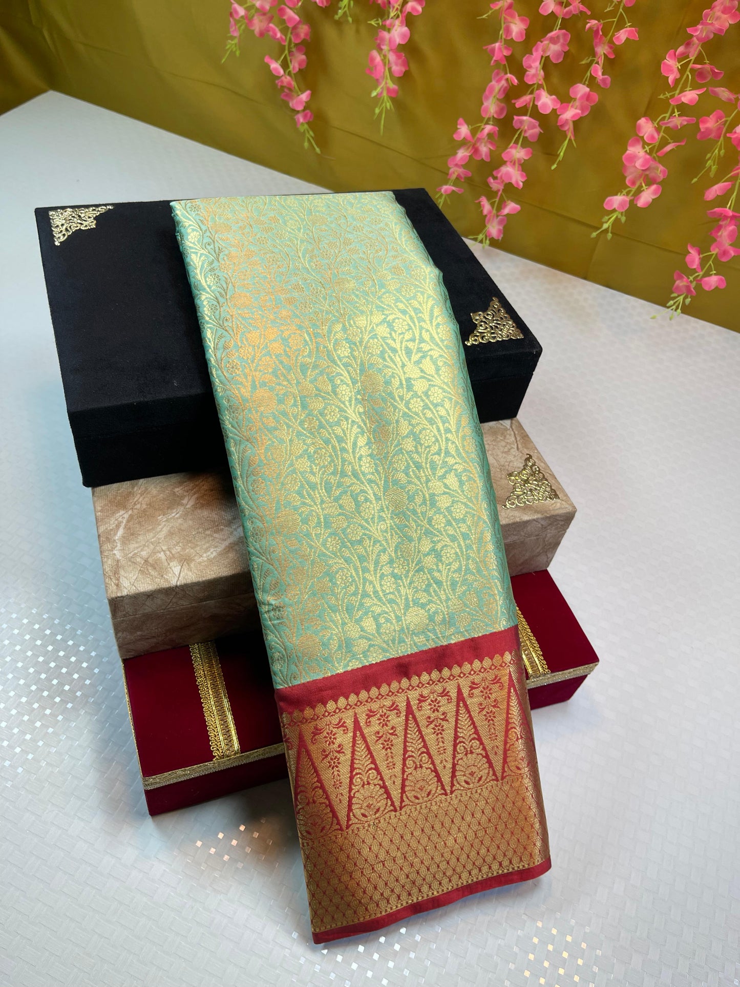Seagreen Semi Kanchi Silk Brocade Contrast Red Zig-Zag Border Banarasi Saree MS_SK26