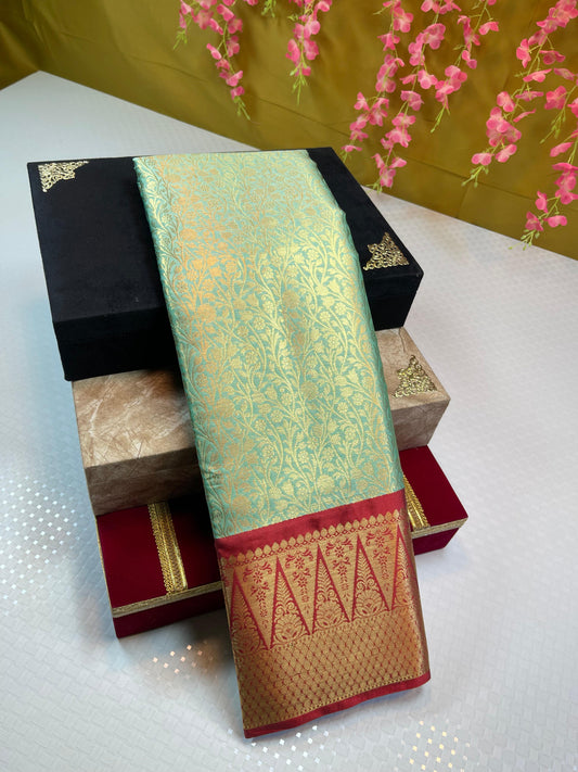 Seagreen Semi Kanchi Silk Brocade Contrast Red Zig-Zag Border Banarasi Saree MS_SK26