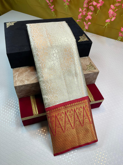 Off white Semi Kanchi Silk Brocade Contrast Red Zig-Zag Border Banarasi Saree MS_SK22