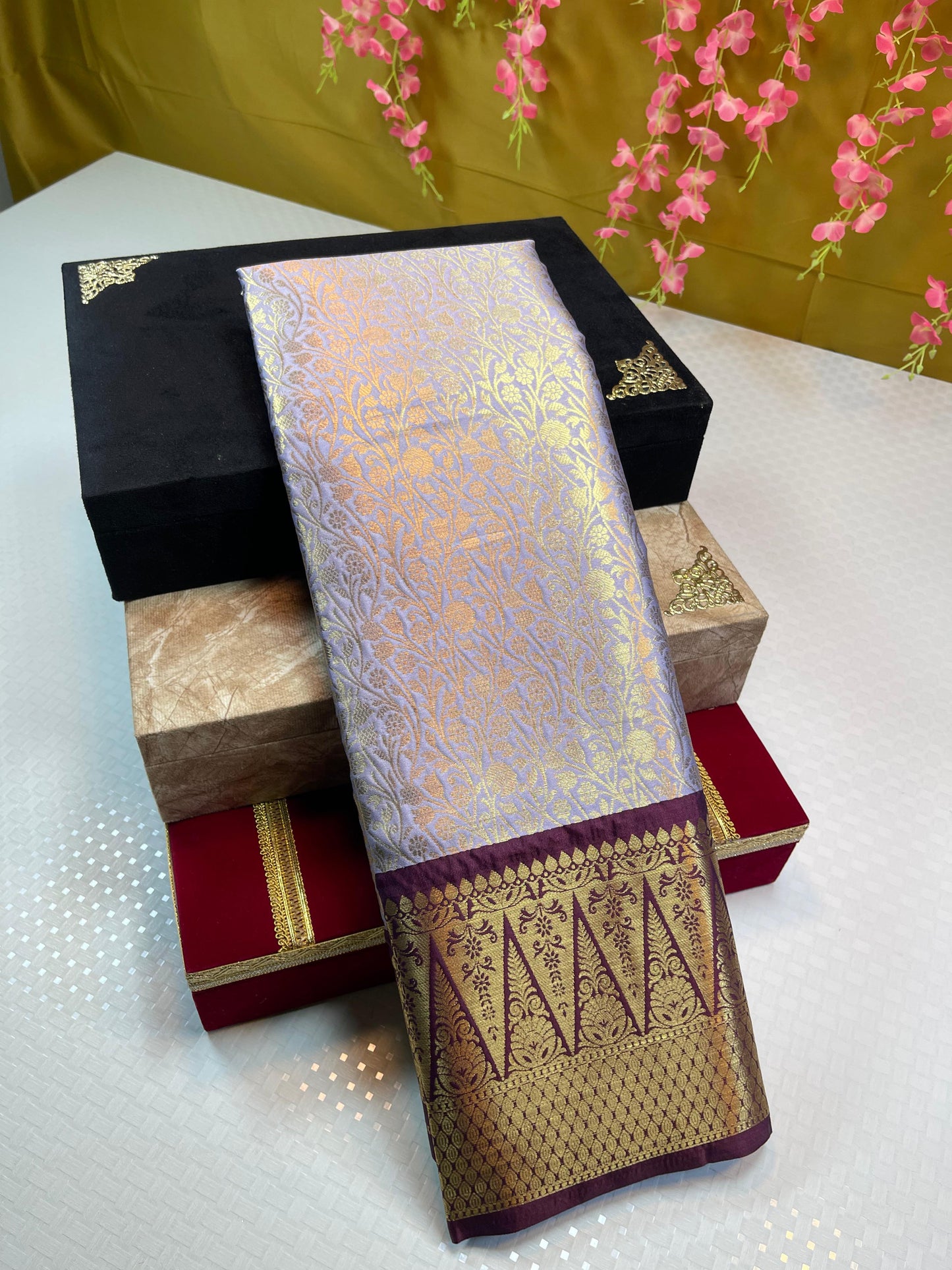 Blue Semi Kanchi Silk Brocade Contrast Brown Zig-Zag Border Banarasi Saree MS_SK23