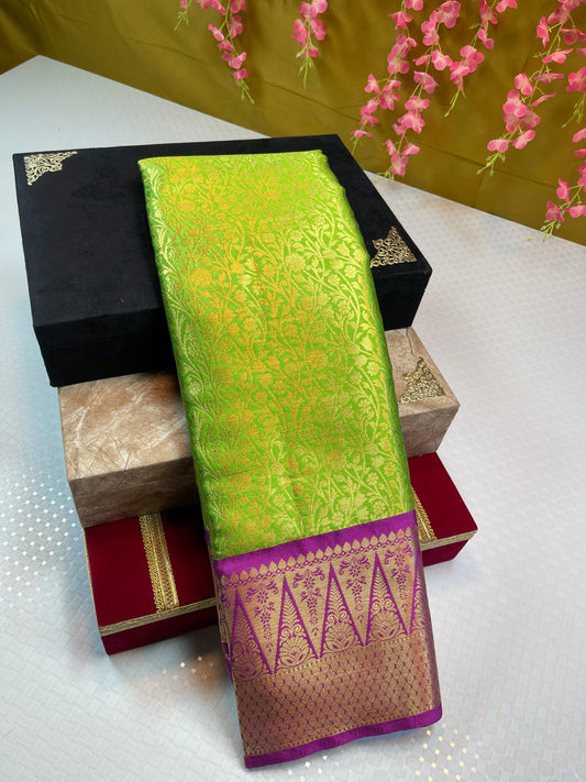 Green Semi Kanchi Silk Brocade Contrast Purple Zig-Zag Border Banarasi Saree MS_SK27