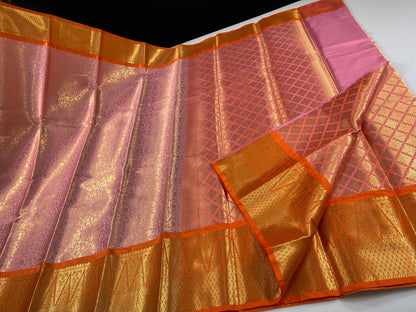 Pink Semi Kanchi Silk Brocade Contrast Orange Zig-Zag Border Banarasi Saree MS_SK24