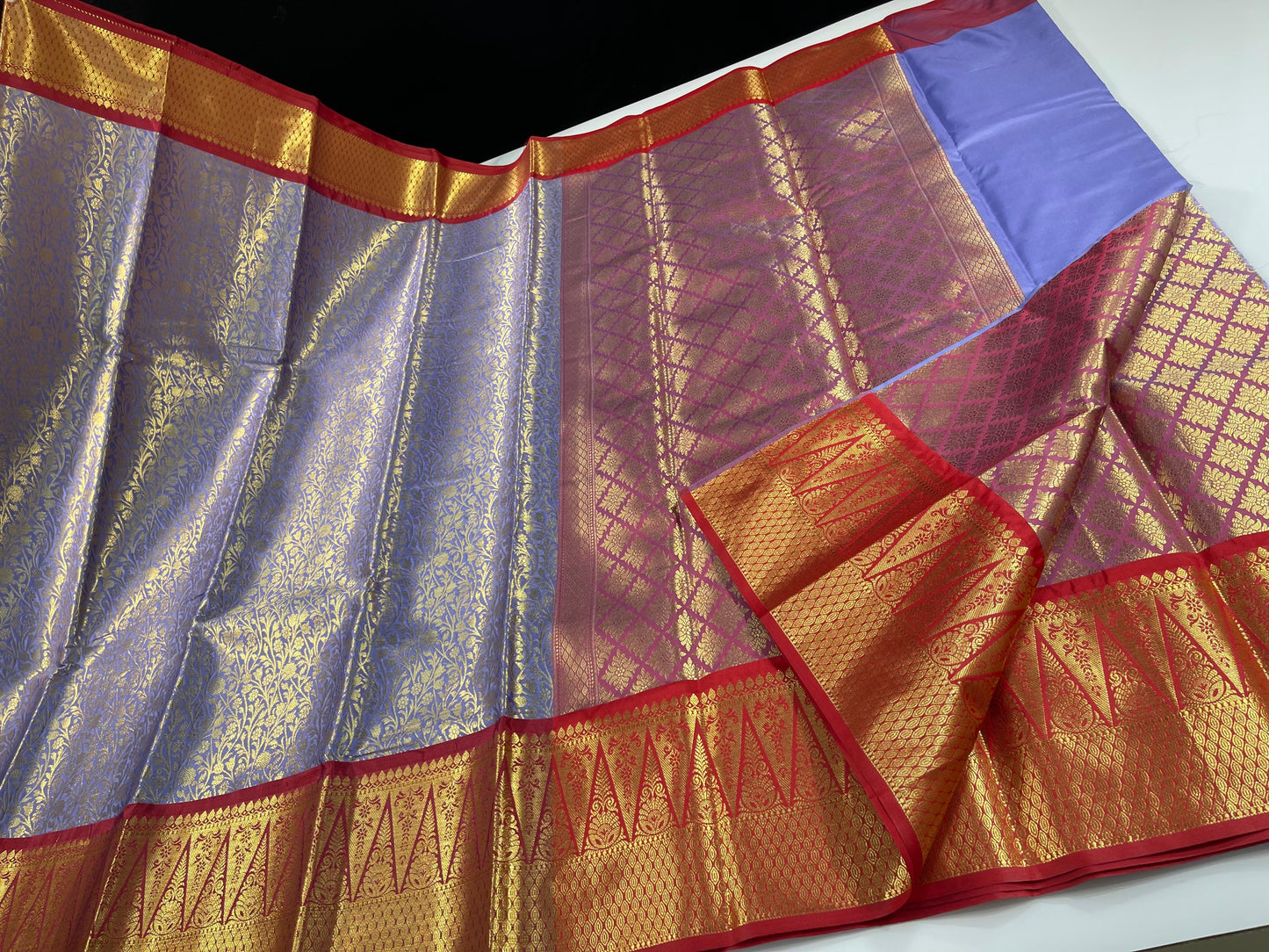 Blue Semi Kanchi Silk Brocade Contrast Red Zig-Zag Border Banarasi Saree MS_SK25