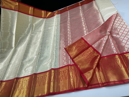 Off white Semi Kanchi Silk Brocade Contrast Red Zig-Zag Border Banarasi Saree MS_SK22