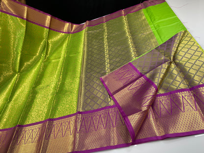 Green Semi Kanchi Silk Brocade Contrast Purple Zig-Zag Border Banarasi Saree MS_SK27