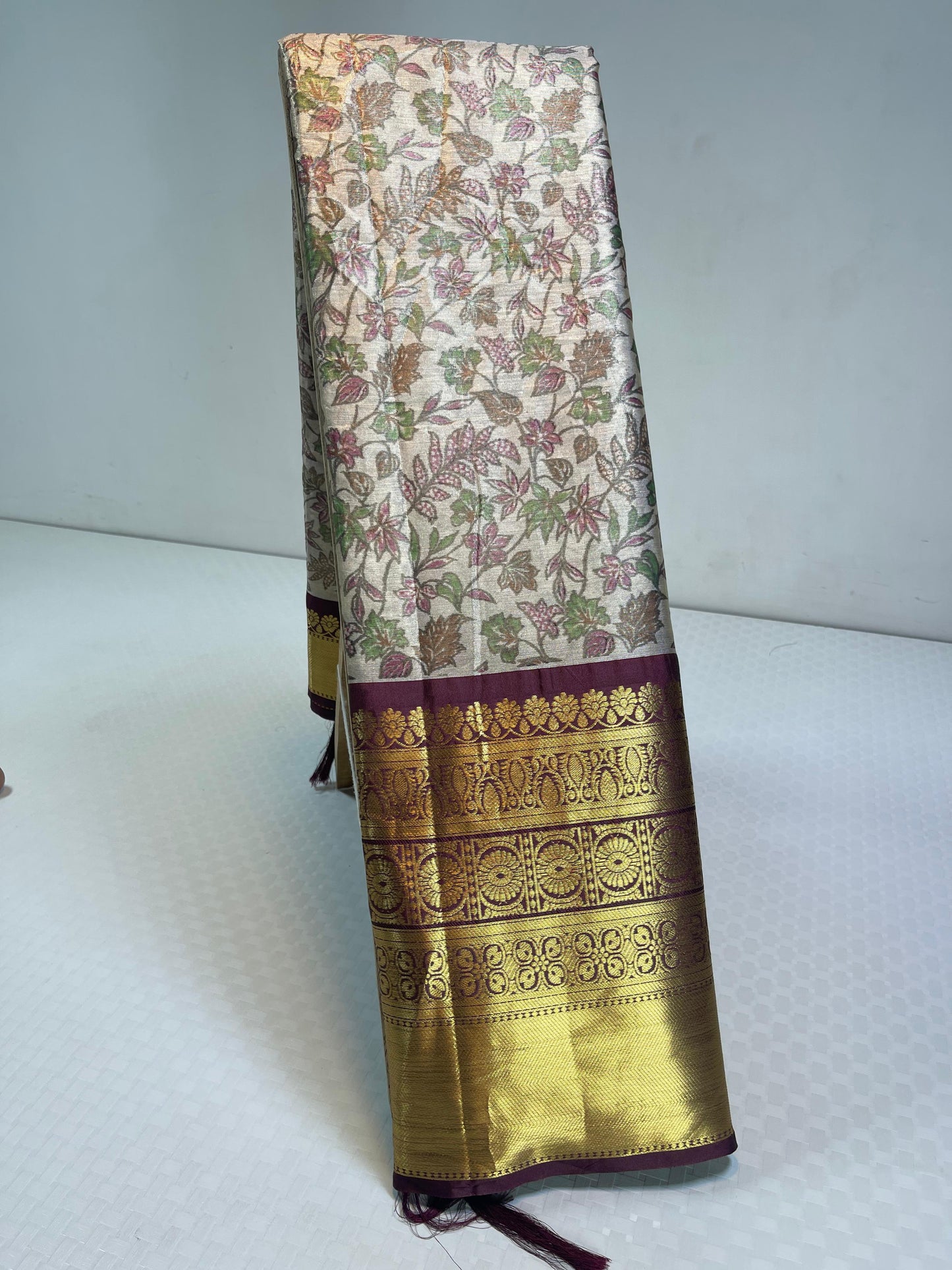 Beige Tissue Silk Digital Print Floral Jaal Contrast Wine Border Banarasi Saree MS_SK30