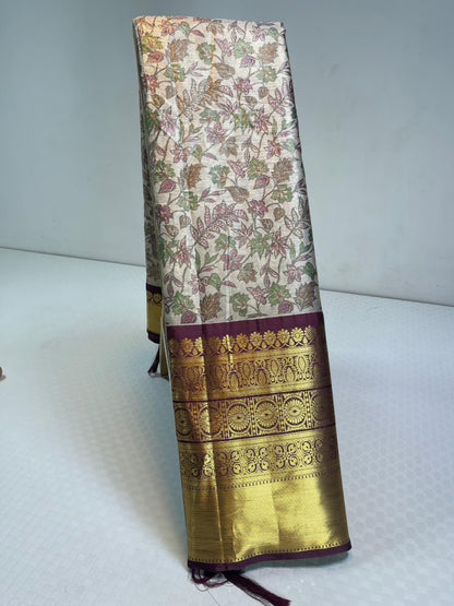 Beige Tissue Silk Digital Print Floral Jaal Contrast Wine Border Banarasi Saree MS_SK30