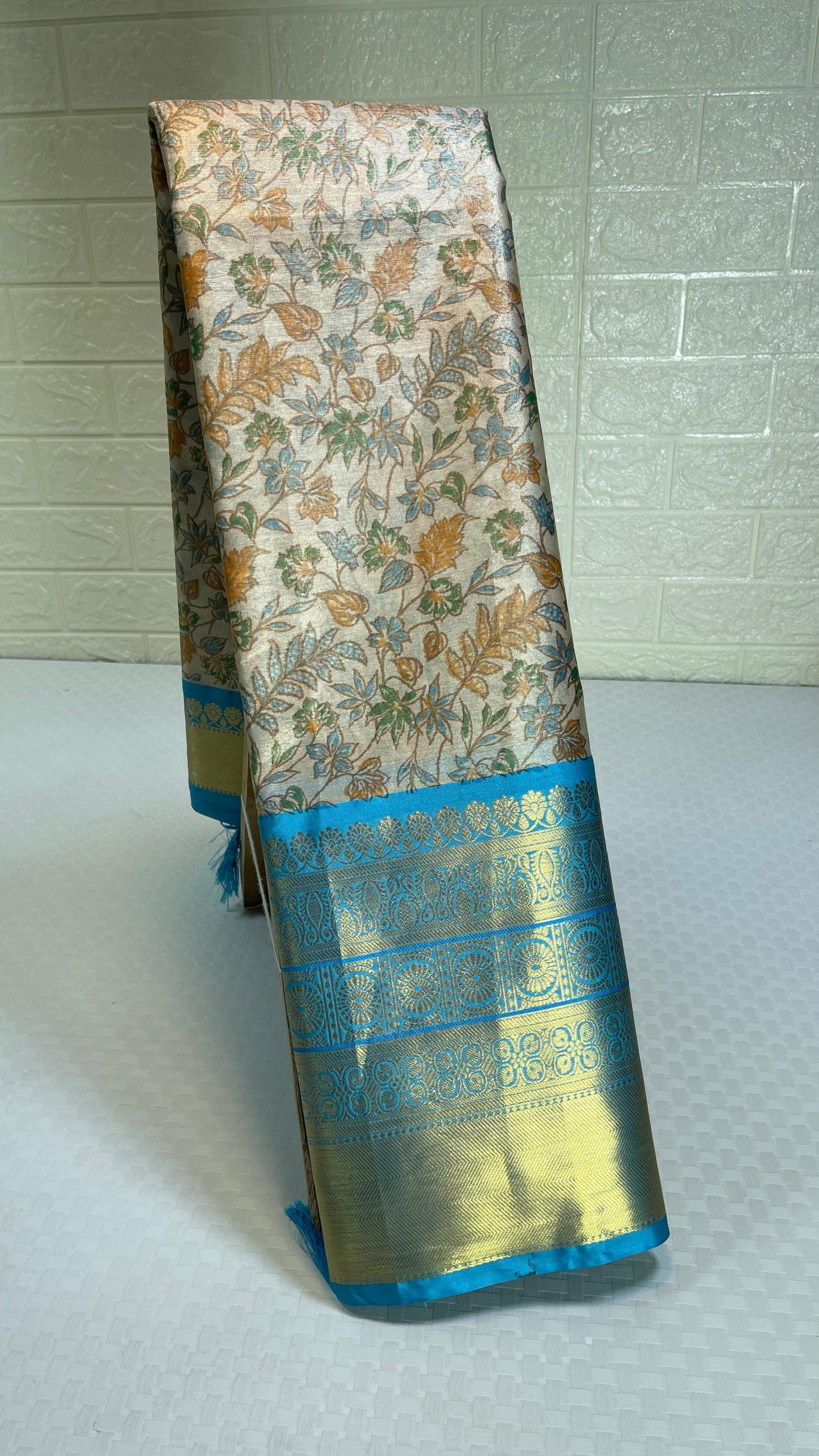 Beige Tissue Silk Digital Print Floral Jaal Contrast Blue Border Banarasi Saree MS_SK28