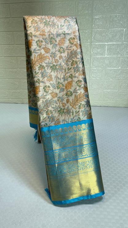 Beige Tissue Silk Digital Print Floral Jaal Contrast Blue Border Banarasi Saree MS_SK28