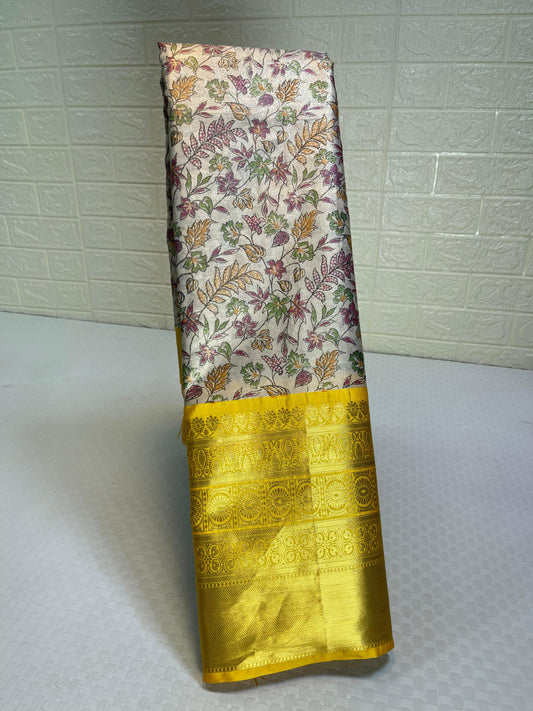 Beige Tissue Silk Digital Print Floral Jaal Contrast Yellow Border Banarasi Saree MS_SK29