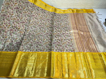 Beige Tissue Silk Digital Print Floral Jaal Contrast Yellow Border Banarasi Saree MS_SK29