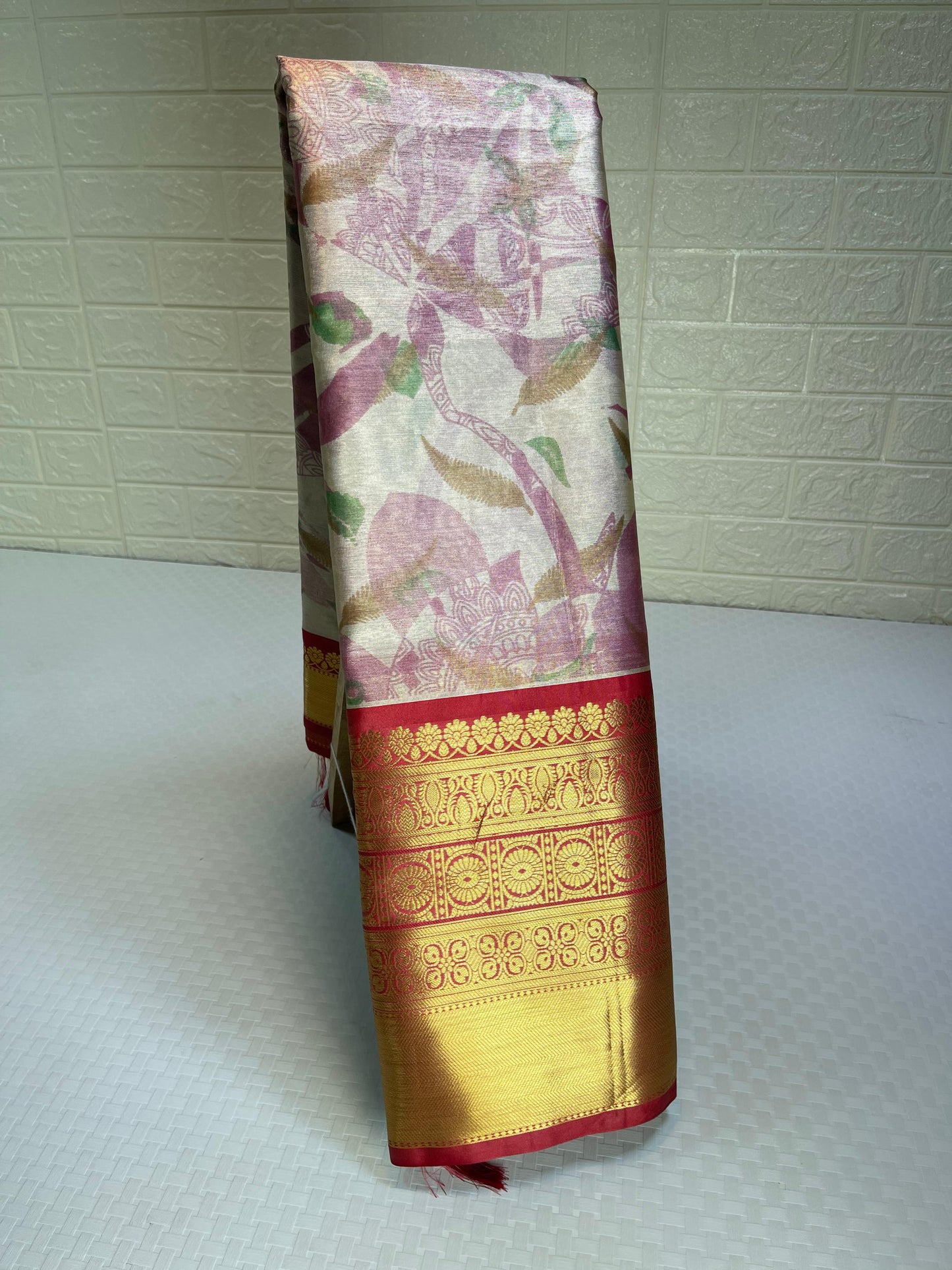 Beige Tissue Silk Digital Print Floral Jaal Contrast Red Border Banarasi Saree MS_SK31