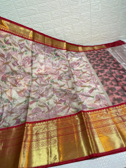 Beige Tissue Silk Digital Print Floral Jaal Contrast Red Border Banarasi Saree MS_SK31