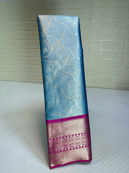 Sky Blue Semi Kanchi Silk Silver Floral Jaal Contrast Pink Border Banarasi Suit MS_SK32