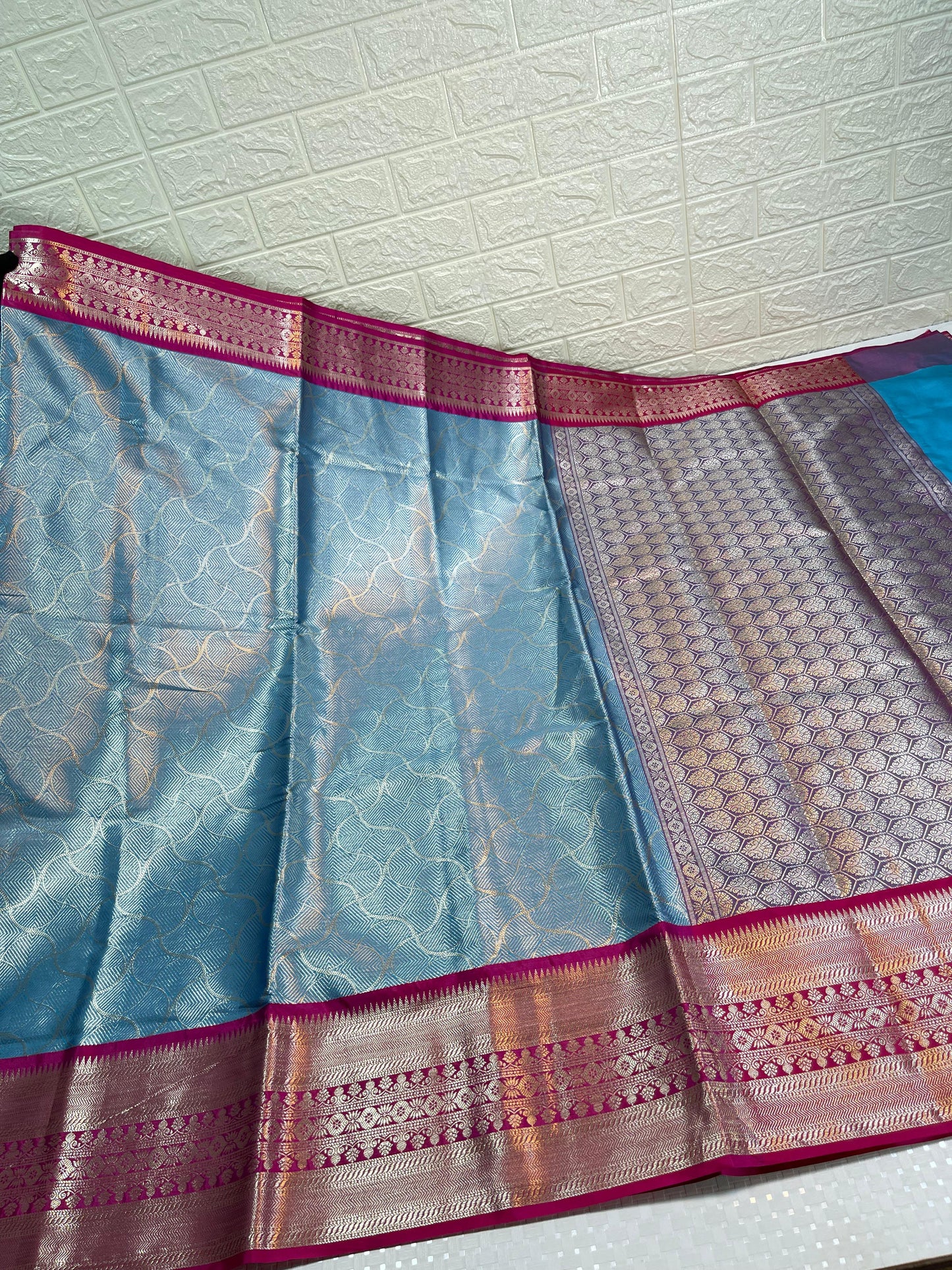 Sky Blue Semi Kanchi Silk Silver Floral Jaal Contrast Pink Border Banarasi Suit MS_SK32