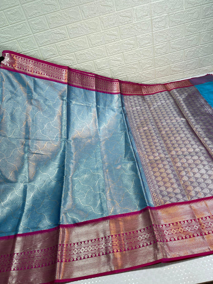 Sky Blue Semi Kanchi Silk Silver Floral Jaal Contrast Pink Border Banarasi Suit MS_SK32