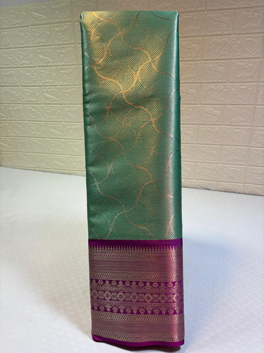 Seagreen Semi Kanchi Silk Silver Floral Jaal Contrast Pink Border Banarasi Suit MS_SK33