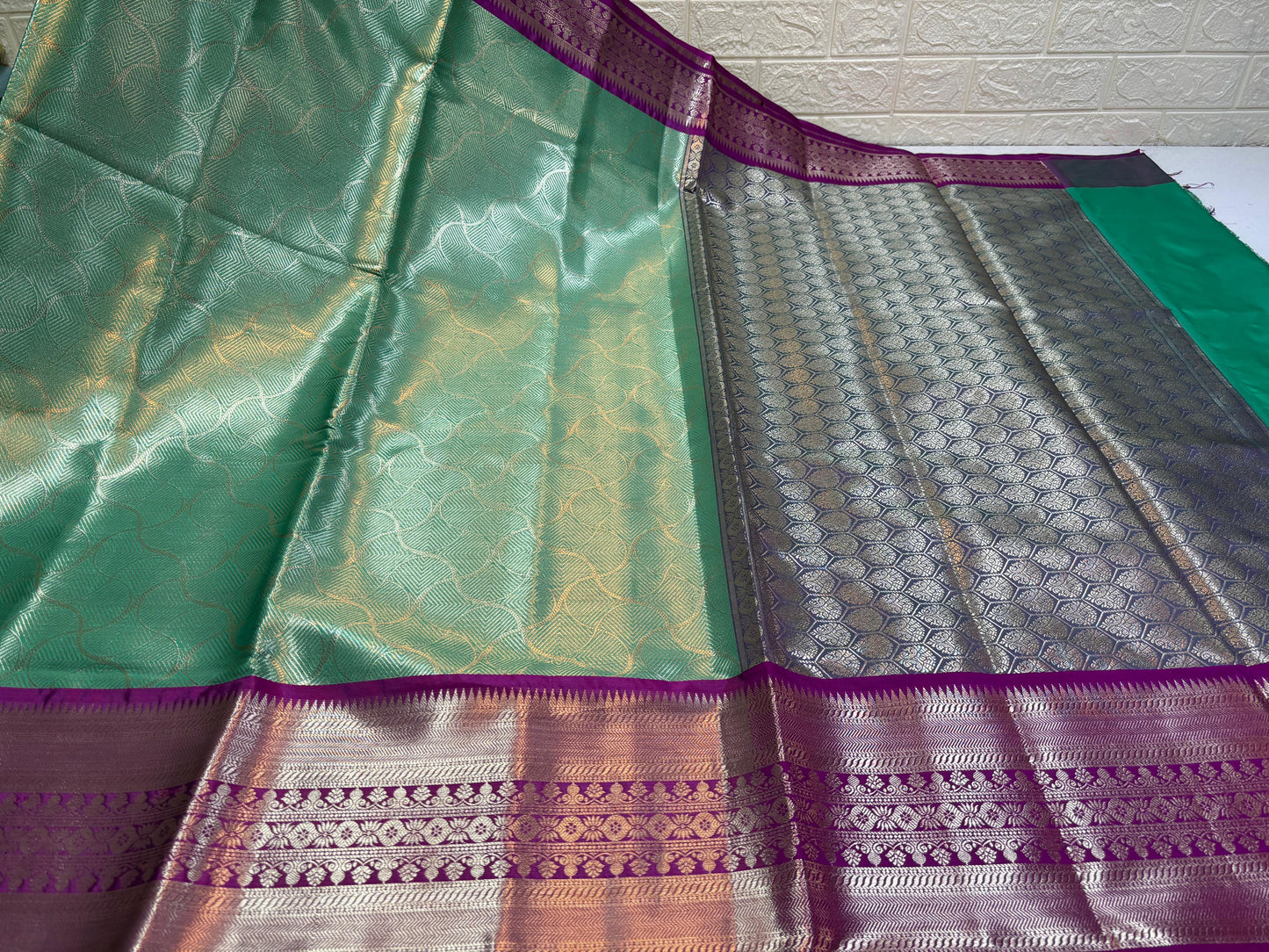 Seagreen Semi Kanchi Silk Silver Floral Jaal Contrast Pink Border Banarasi Suit MS_SK33