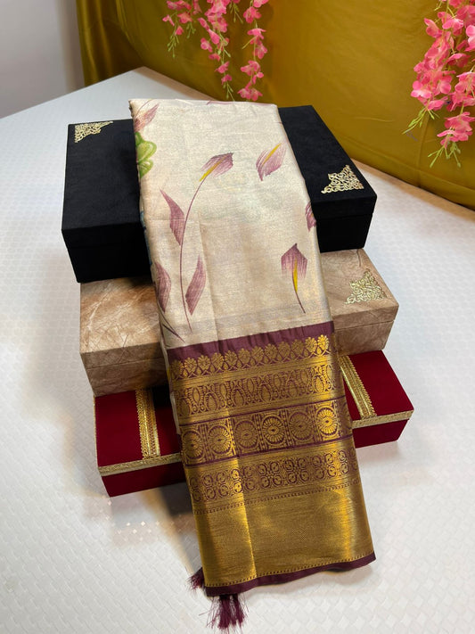 Moosee Tissue Silk Floral Handpainted Jaal Boota Contrast Brown Border Banarasi Saree MS_MTS2