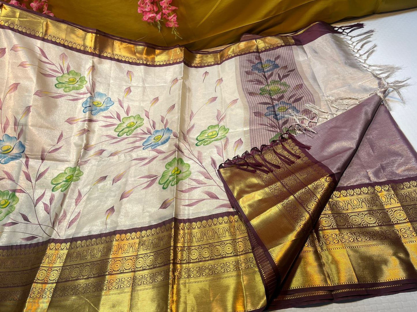 Moosee Tissue Silk Floral Handpainted Jaal Boota Contrast Brown Border Banarasi Saree MS_MTS2