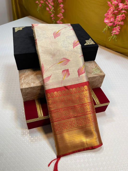 Moosee Tissue Silk Floral Handpainted Jaal Boota Contrast Red Border Banarasi Saree MS_MTS3