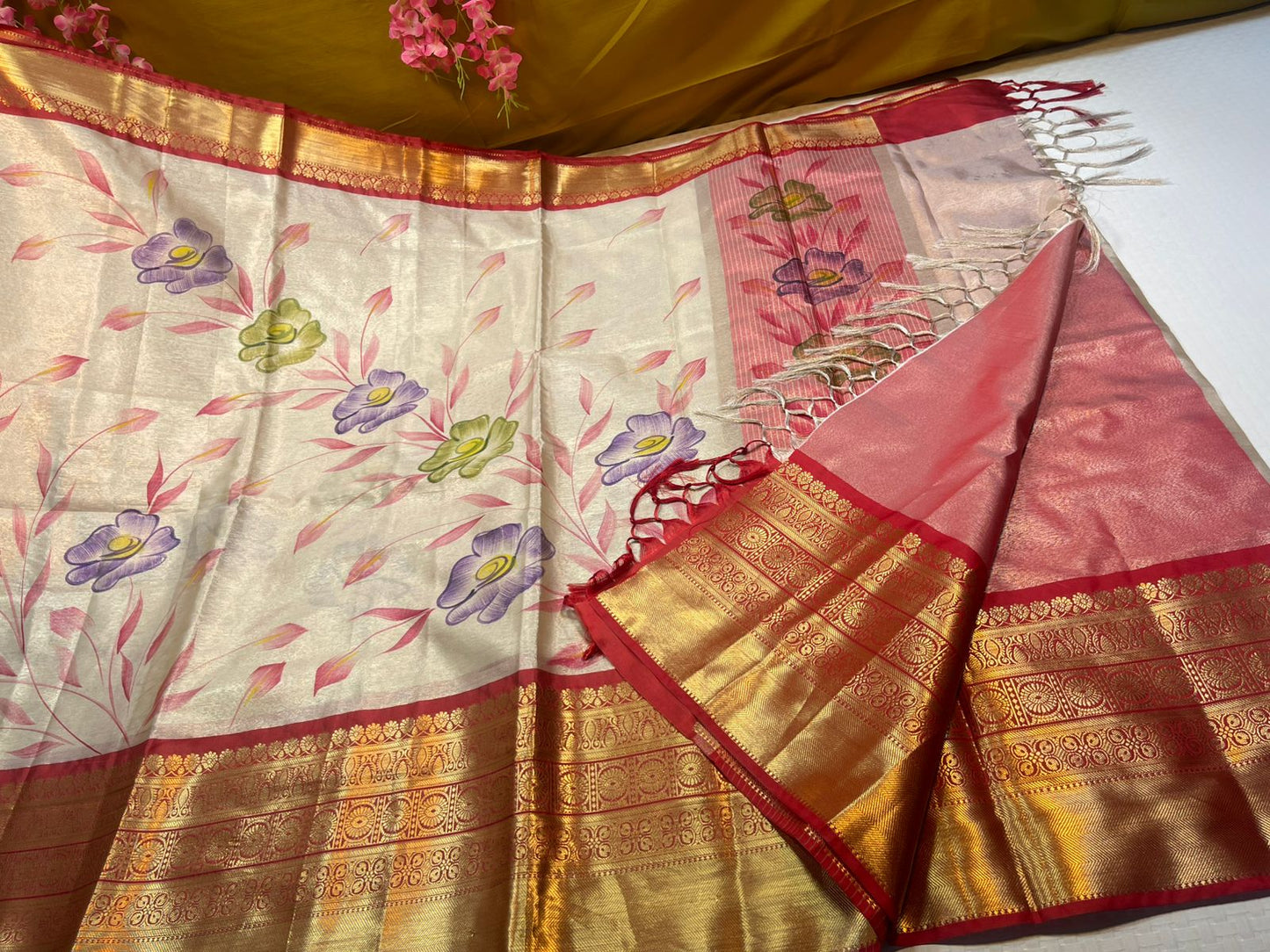 Moosee Tissue Silk Floral Handpainted Jaal Boota Contrast Red Border Banarasi Saree MS_MTS3
