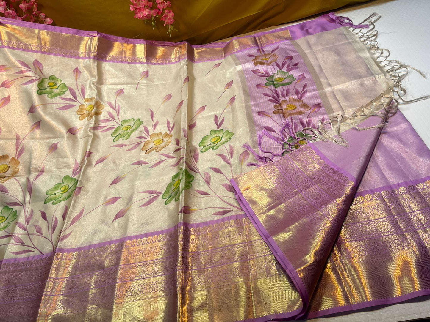 Moosee Tissue Silk Floral Handpainted Jaal Boota Contrast Light Purple Border Banarasi Saree MS_MTS4