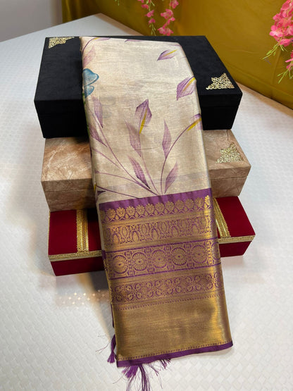 Moosee Tissue Silk Floral Handpainted Jaal Boota Contrast Dark Purple Border Banarasi Saree MS_MTS9