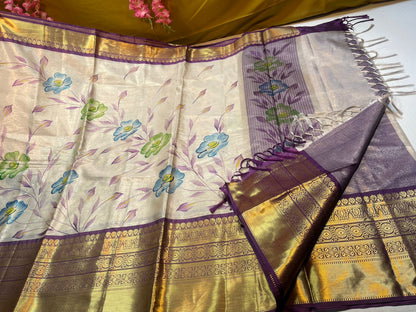 Moosee Tissue Silk Floral Handpainted Jaal Boota Contrast Dark Purple Border Banarasi Saree MS_MTS9